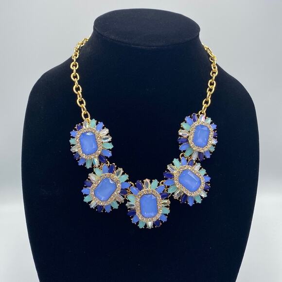 Women Gold Tone Blue Faux Gems Rhinestones Statement Bib Chain Necklace - Picture 1 of 5